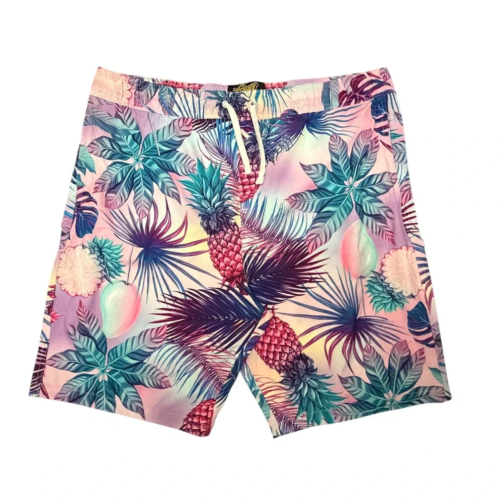 Good Vibes Drill Clothing Co Mens XXL Tropical Pineapple Swim Trunks Pink Purple
